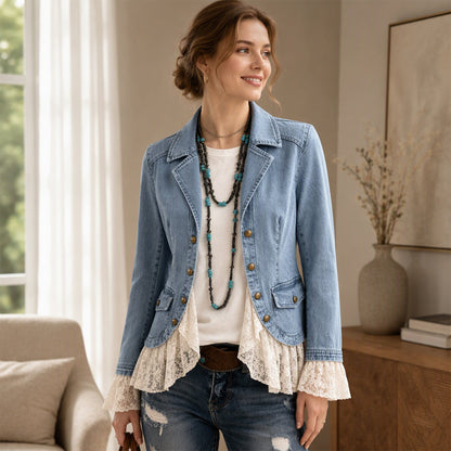 Women's Notch Lapel Denim Jacket with Lace Hem