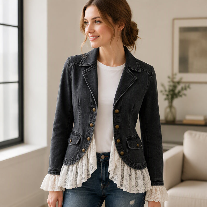 Women's Notch Lapel Denim Jacket with Lace Hem