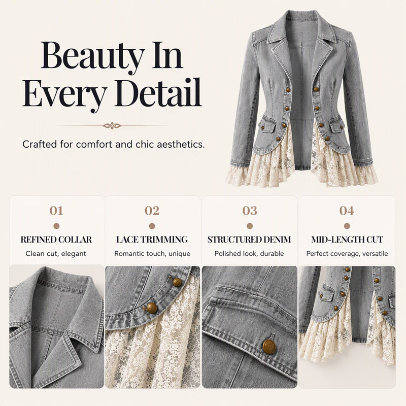 Women's Notch Lapel Denim Jacket with Lace Hem