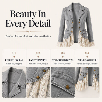 Women's Notch Lapel Denim Jacket with Lace Hem