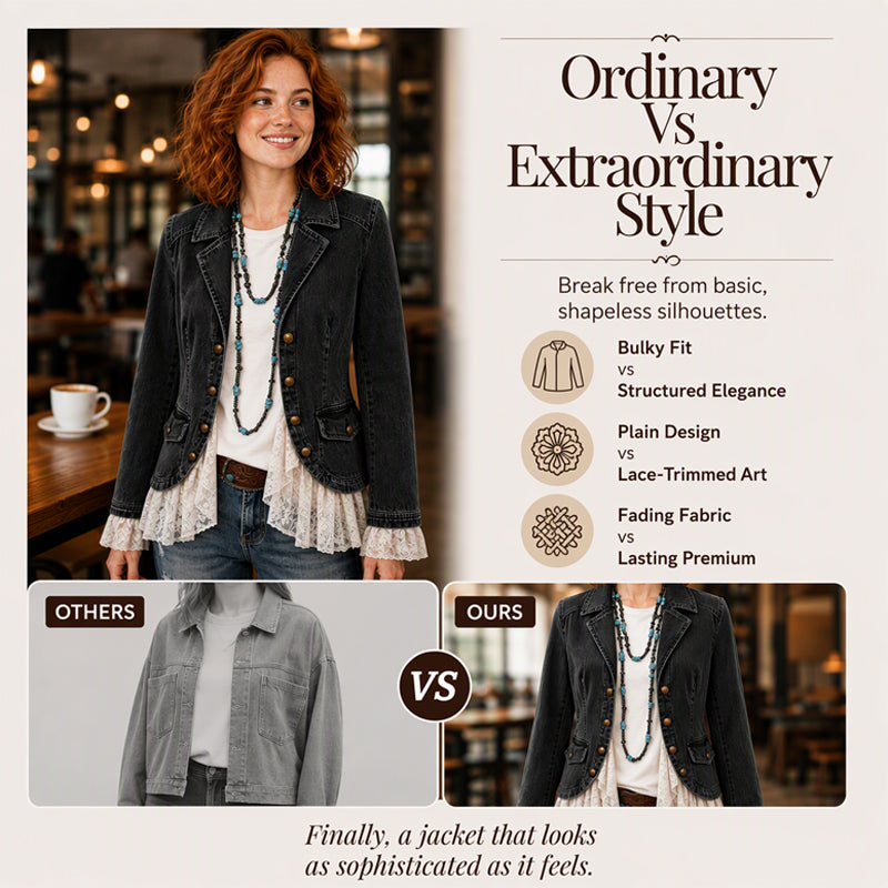 Women's Notch Lapel Denim Jacket with Lace Hem