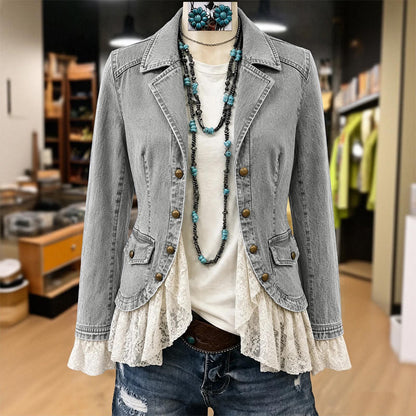 Women's Notch Lapel Denim Jacket with Lace Hem