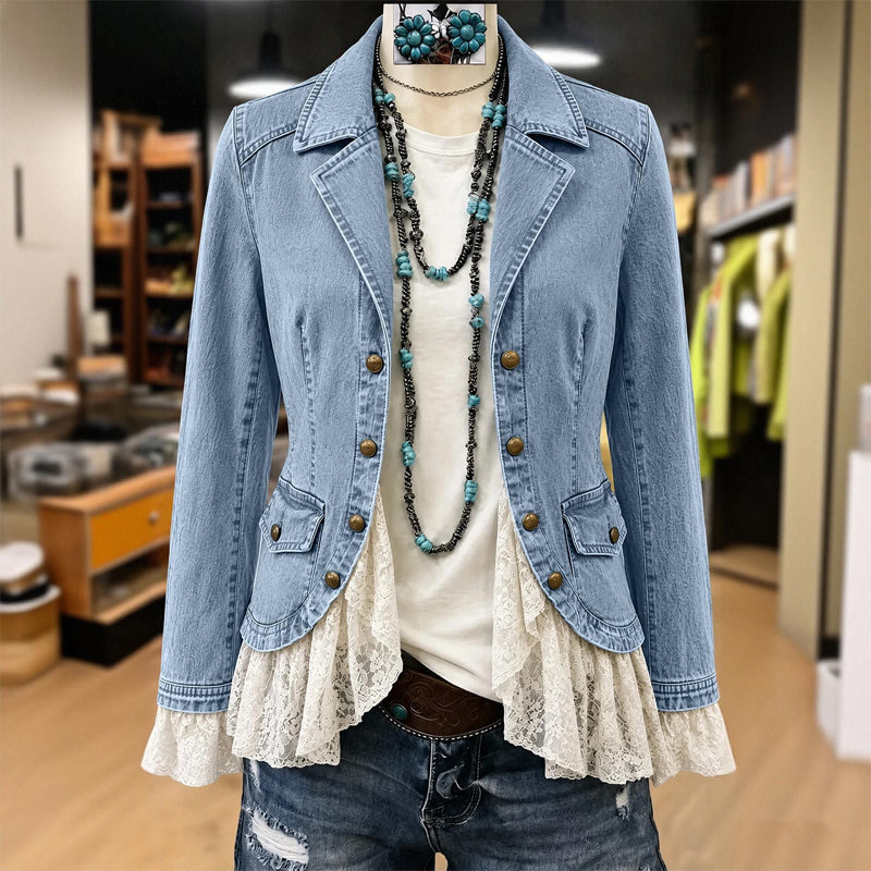 Women's Notch Lapel Denim Jacket with Lace Hem