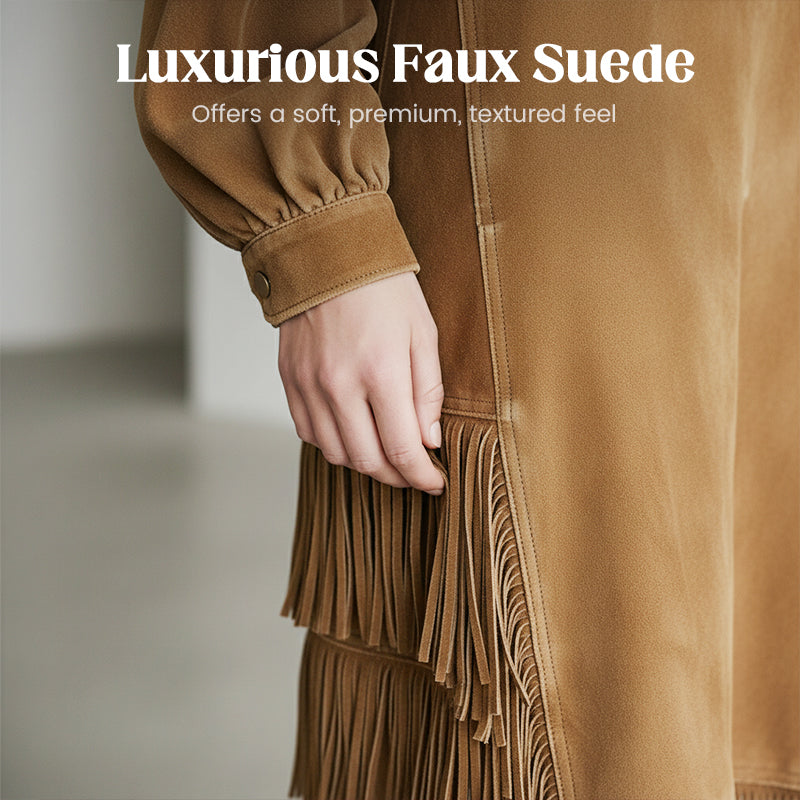 Women's High-Neck Faux Suede Dress with Fringe Hem