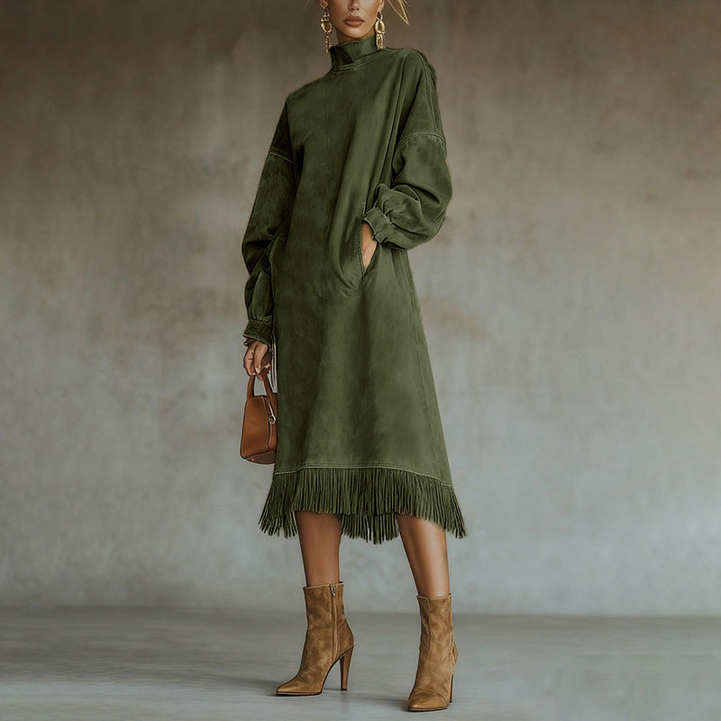 Women's High-Neck Faux Suede Dress with Fringe Hem