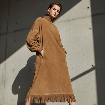 Women's High-Neck Faux Suede Dress with Fringe Hem