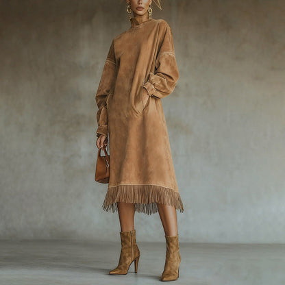 Women's High-Neck Faux Suede Dress with Fringe Hem
