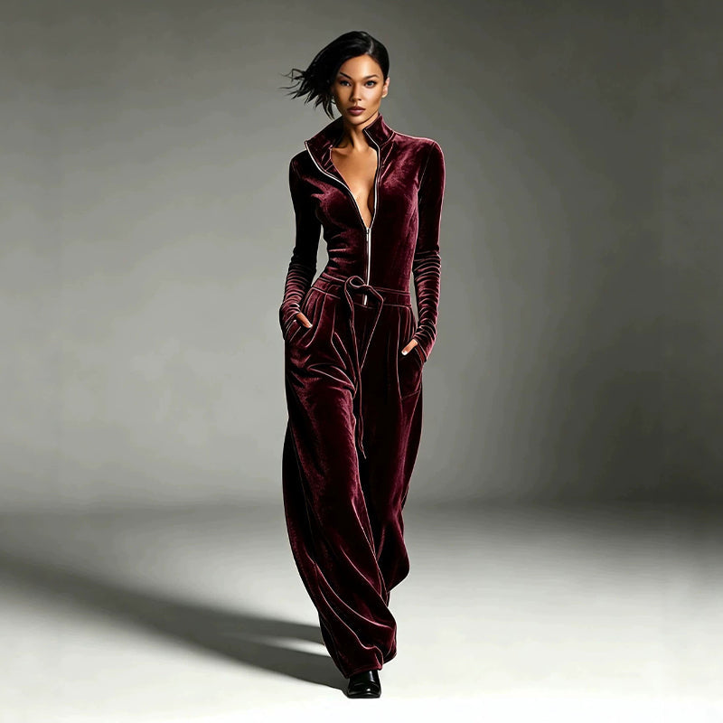Women's Chic Stand Collar Velvet Jumpsuit