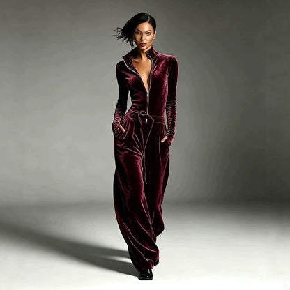 Women's Chic Stand Collar Velvet Jumpsuit
