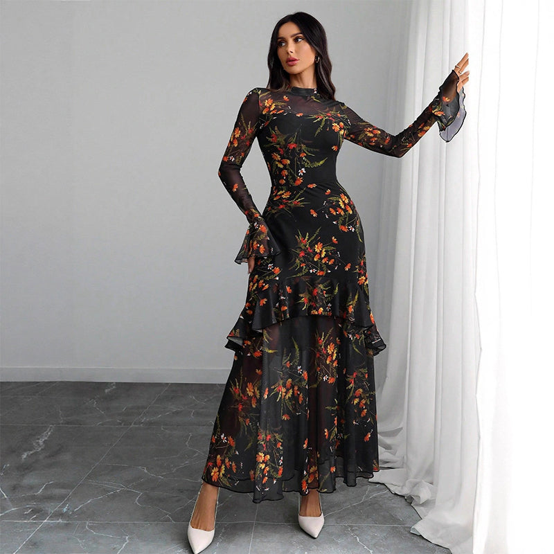 Floral Print Sheer Mesh Ruffle Hem Maxi Dress