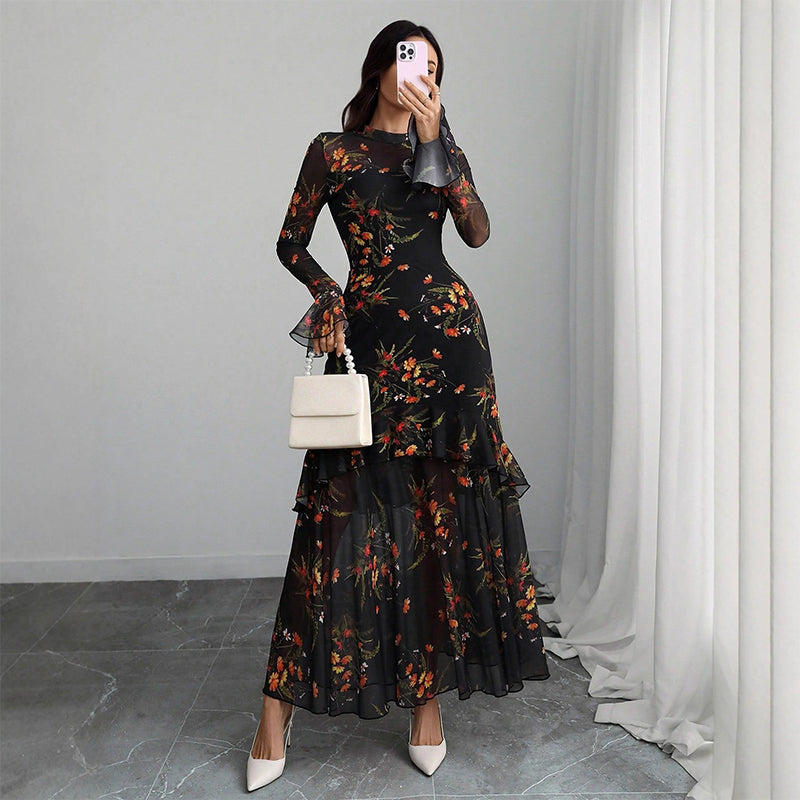 Floral Print Sheer Mesh Ruffle Hem Maxi Dress