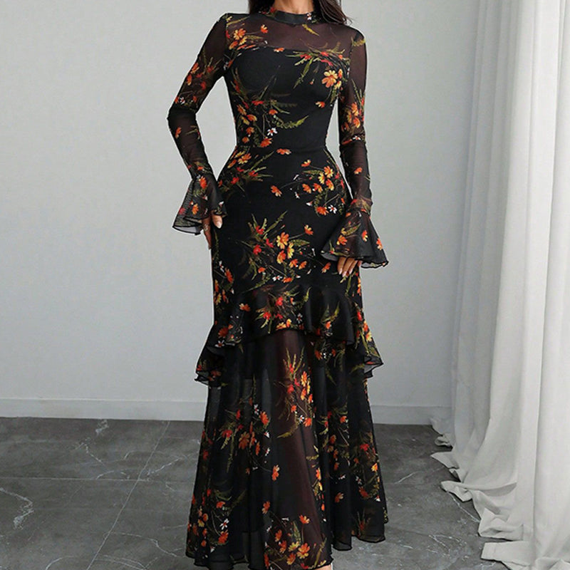 Floral Print Sheer Mesh Ruffle Hem Maxi Dress