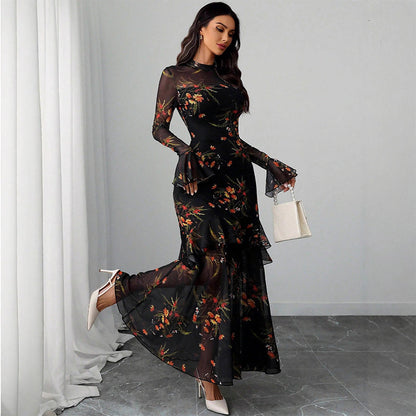 Floral Print Sheer Mesh Ruffle Hem Maxi Dress