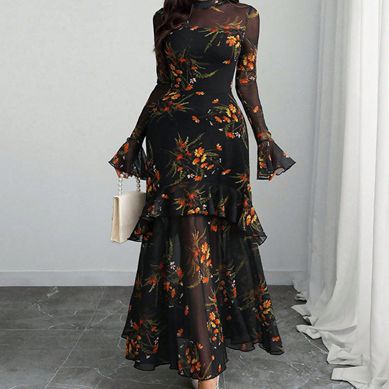 Floral Print Sheer Mesh Ruffle Hem Maxi Dress