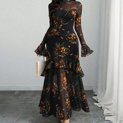 Floral Print Sheer Mesh Ruffle Hem Maxi Dress