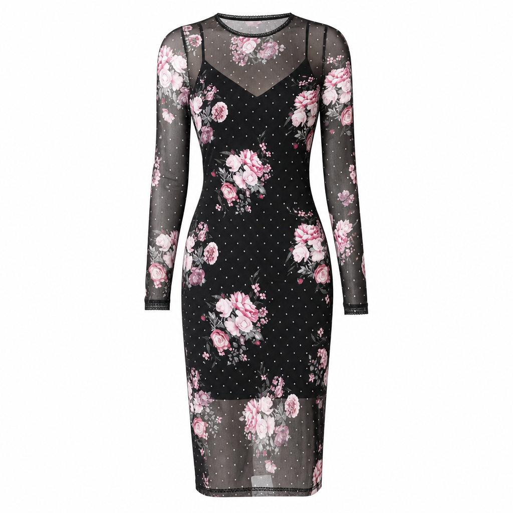 Women's 2 Piece Dress Set with Long Sleeve Mesh Chain Print Bodycon Midi Dress and Inner Slip Dress