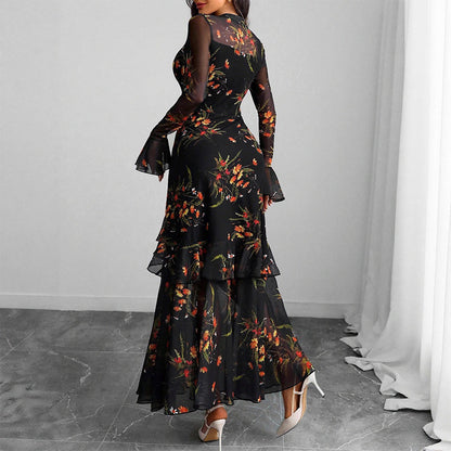 Floral Print Sheer Mesh Ruffle Hem Maxi Dress