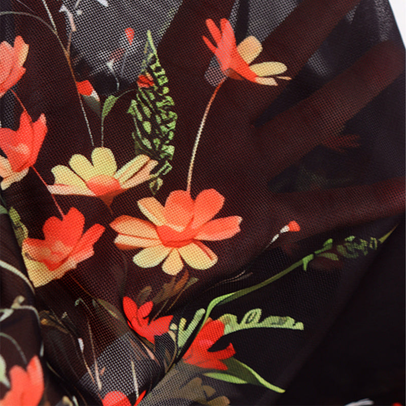 Floral Print Sheer Mesh Ruffle Hem Maxi Dress