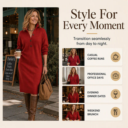 Women's Ribbed Knit Sweater Dress with Lapel Collar