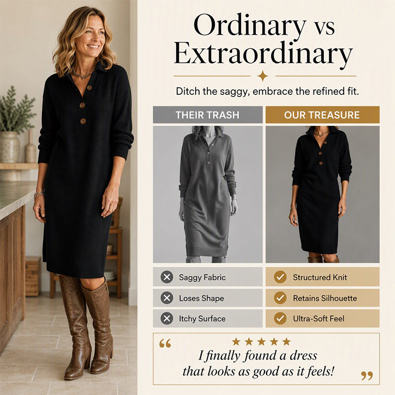 Women's Ribbed Knit Sweater Dress with Lapel Collar
