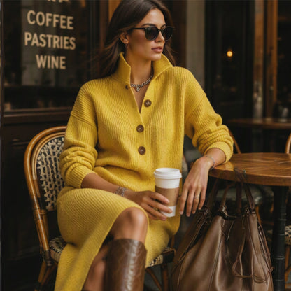Women's Ribbed Knit Sweater Dress with Lapel Collar