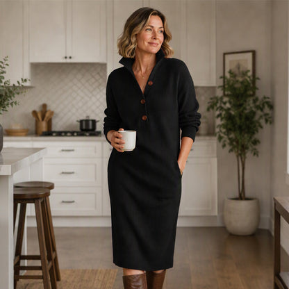 Women's Ribbed Knit Sweater Dress with Lapel Collar