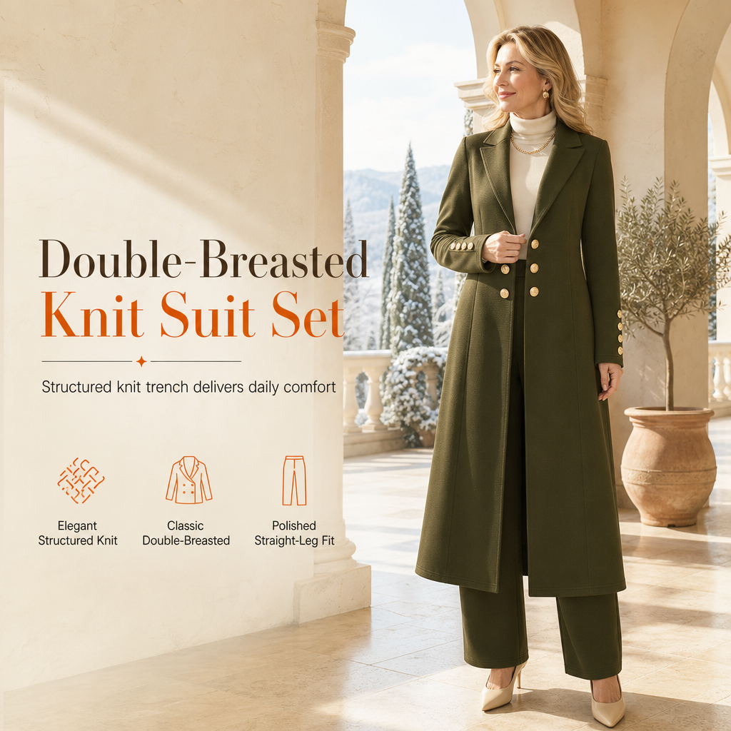 ⚡Free Shipping🔥Women's Elegant Autumn 2 Piece Outfit Set with Retro Long Sleeve Coat and Simple Trousers