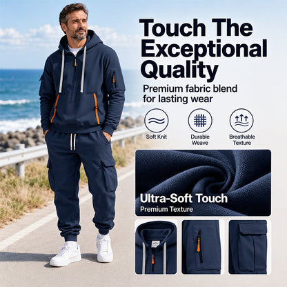 Men's Warm Half-Zip Hoodie & Cargo Pants Set