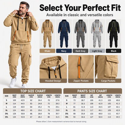 Men's Warm Half-Zip Hoodie & Cargo Pants Set