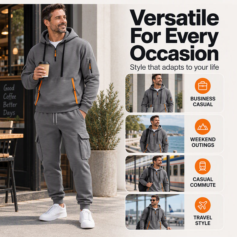 Men's Warm Half-Zip Hoodie & Cargo Pants Set