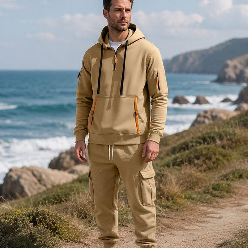 Men's Warm Half-Zip Hoodie & Cargo Pants Set