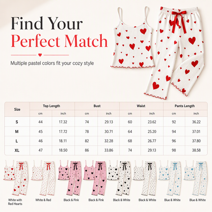 Womens 2 Piece Ribbed Pajama Set Heart Print Camisole Top and Long Pants Loungewear