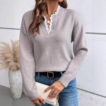 Women's Mock Neck Lace Trim Knit Sweater