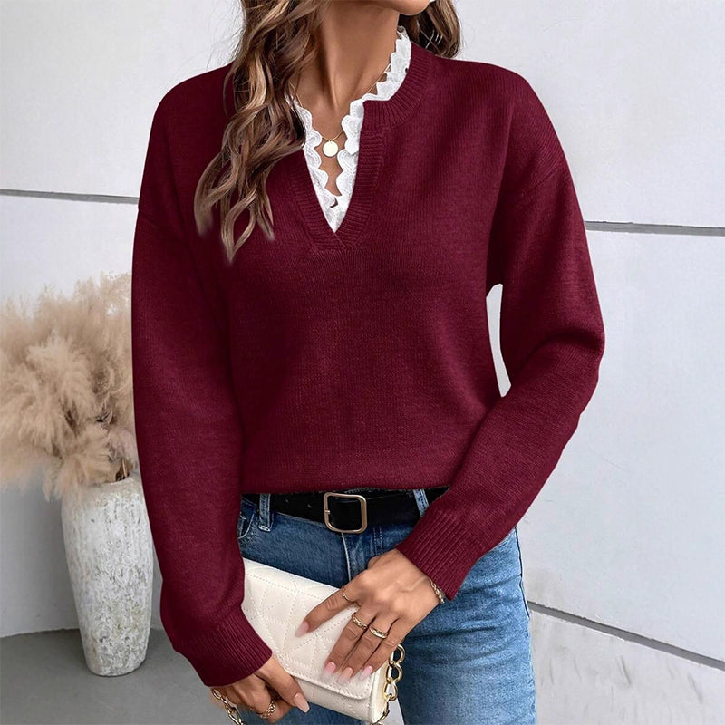 Women's Mock Neck Lace Trim Knit Sweater