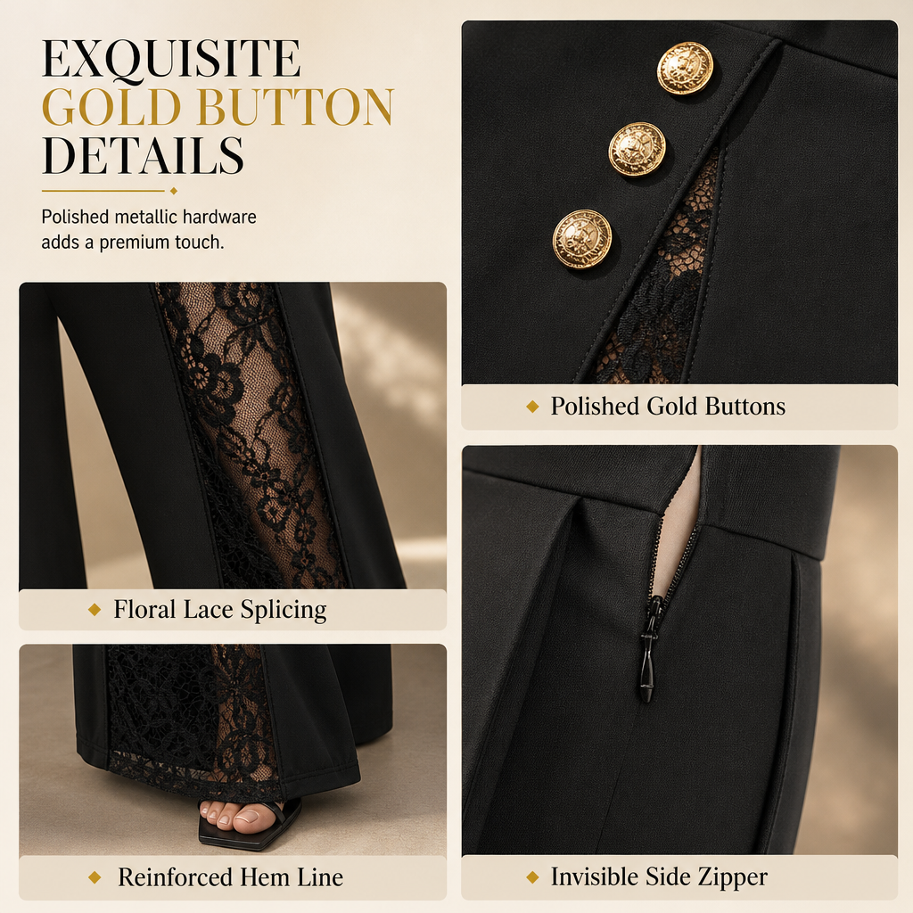 💖 Women's High Waisted Lace Spliced Wide Leg Trousers with Decorative Gold Buttons