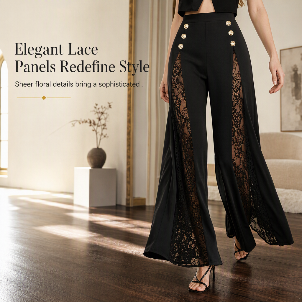 💖 Women's High Waisted Lace Spliced Wide Leg Trousers with Decorative Gold Buttons