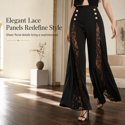 💖 Women's High Waisted Lace Spliced Wide Leg Trousers with Decorative Gold Buttons