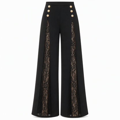 💖 Women's High Waisted Lace Spliced Wide Leg Trousers with Decorative Gold Buttons