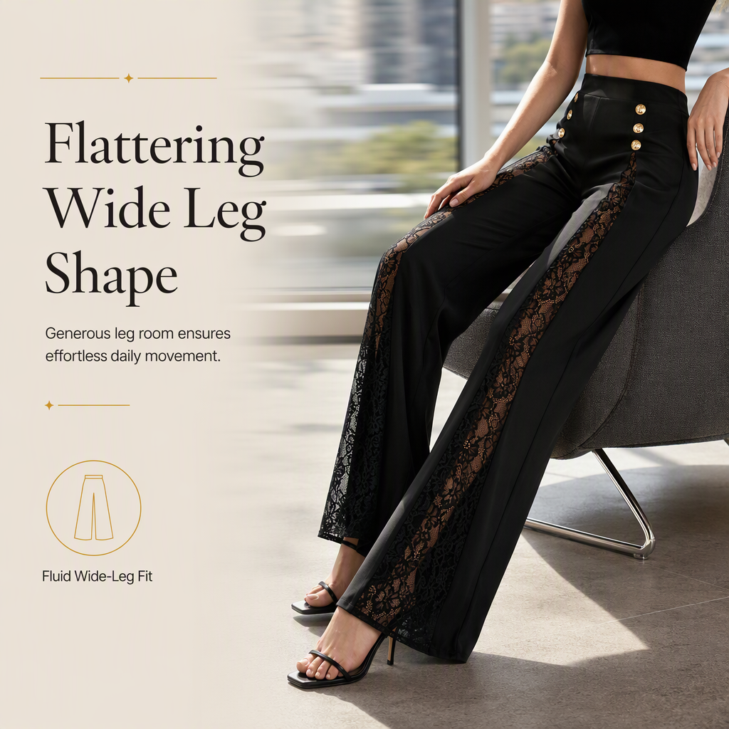 💖 Women's High Waisted Lace Spliced Wide Leg Trousers with Decorative Gold Buttons