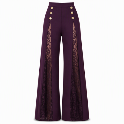 💖 Women's High Waisted Lace Spliced Wide Leg Trousers with Decorative Gold Buttons