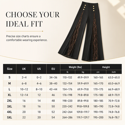 💖 Women's High Waisted Lace Spliced Wide Leg Trousers with Decorative Gold Buttons
