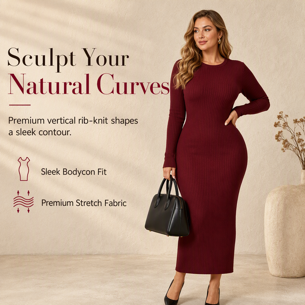 💖🌹 Women's Long Sleeve Rib Knit Crewneck Bodycon Maxi Dress