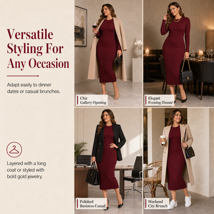 💖🌹 Women's Long Sleeve Rib Knit Crewneck Bodycon Maxi Dress