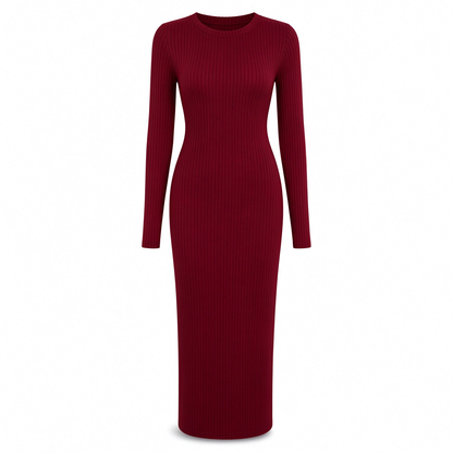 💖🌹 Women's Long Sleeve Rib Knit Crewneck Bodycon Maxi Dress