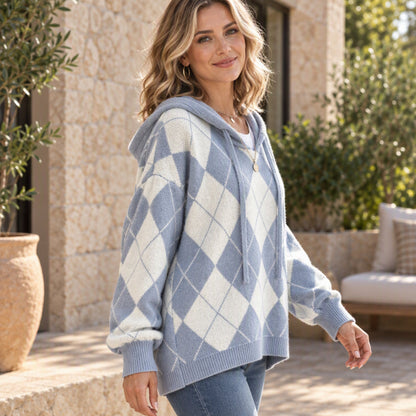 🌸Hot Sale 50% OFF💖Women's Casual Argyle Hooded Sweater