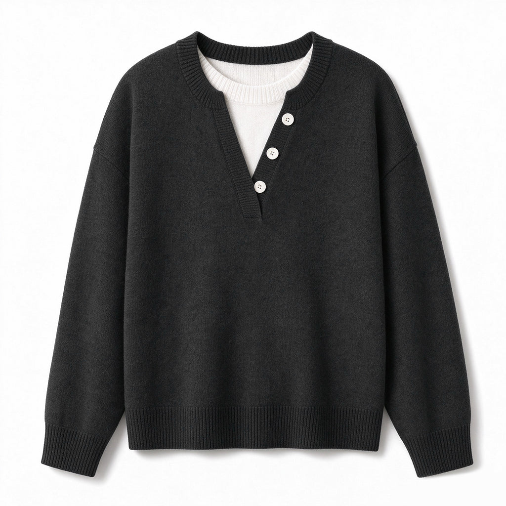 Casual Mock Two Piece V Neck Knit Sweater with Button Details