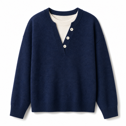 Casual Mock Two Piece V Neck Knit Sweater with Button Details