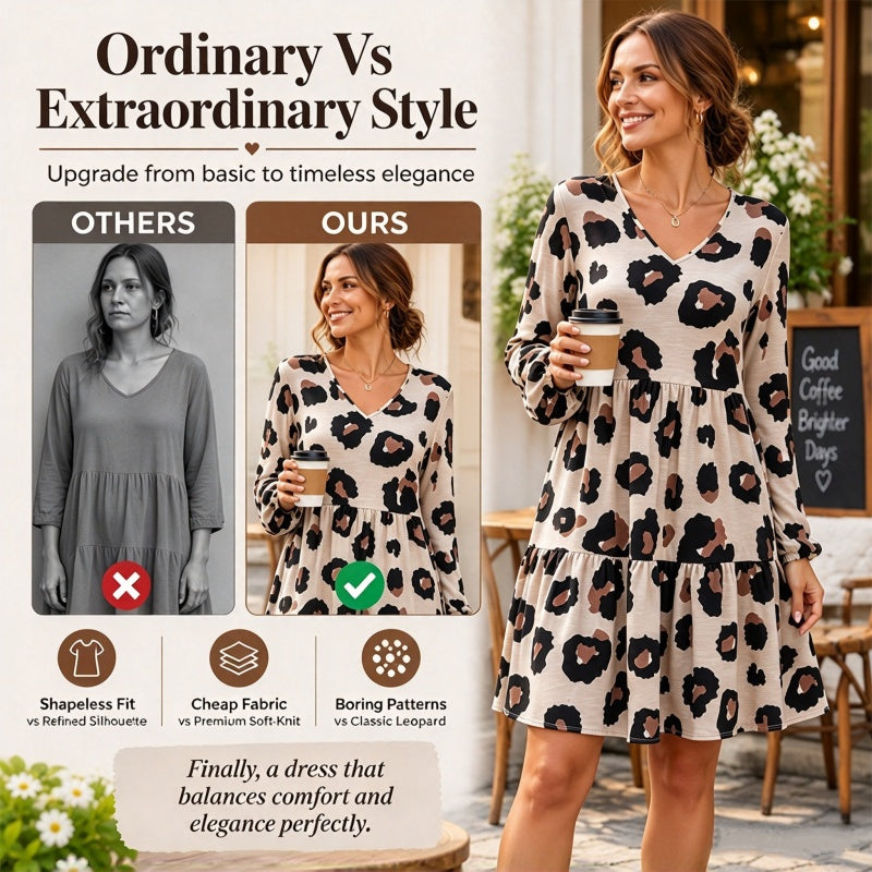 Women's Leopard Print V-Neck Long Sleeve Dress