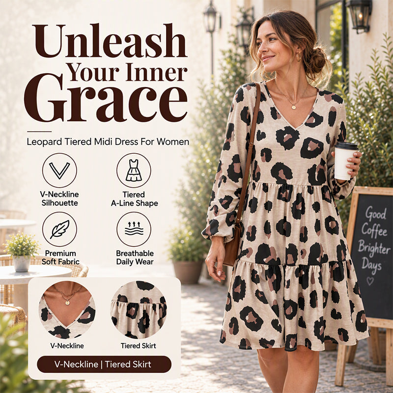 Women's Leopard Print V-Neck Long Sleeve Dress