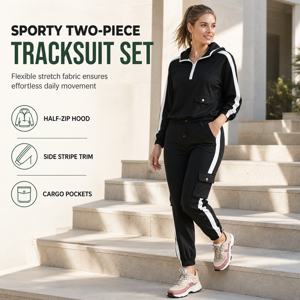 Women Casual 2 Piece Outfit Zip Up Hooded Long Sleeve and Cargo Jogger Pants with Pockets
